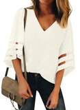 Utyful Women's Summer Casual V Neck Mesh Panel 3/4 Bell Sleeve Solid Loose Blouse Top