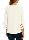 Utyful Women's Summer Casual V Neck Mesh Panel 3/4 Bell Sleeve Solid Loose Blouse Top