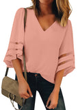 Utyful Women's Summer Casual V Neck Mesh Panel 3/4 Bell Sleeve Solid Loose Blouse Top