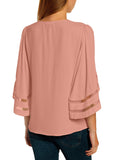 Utyful Women's Summer Casual V Neck Mesh Panel 3/4 Bell Sleeve Solid Loose Blouse Top