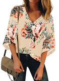 Utyful Women's Summer Casual V Neck Mesh Panel 3/4 Bell Sleeve Solid Loose Blouse Top