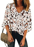Utyful Women's Summer Casual V Neck Mesh Panel 3/4 Bell Sleeve Solid Loose Blouse Top