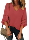 Utyful Women's Summer Casual V Neck Mesh Panel 3/4 Bell Sleeve Solid Loose Blouse Top