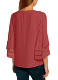 Utyful Women's Summer Casual V Neck Mesh Panel 3/4 Bell Sleeve Solid Loose Blouse Top