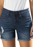 Utyful Women's Casual High Waisted Distressed Shorts Folded Hem Stretch Jean Denim Shorts