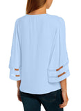 Utyful Women's Summer Casual V Neck Mesh Panel 3/4 Bell Sleeve Solid Loose Blouse Top