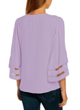 Utyful Women's Summer Casual V Neck Mesh Panel 3/4 Bell Sleeve Solid Loose Blouse Top