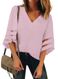 Utyful Women's Summer Casual V Neck Mesh Panel 3/4 Bell Sleeve Solid Loose Blouse Top