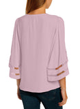 Utyful Women's Summer Casual V Neck Mesh Panel 3/4 Bell Sleeve Solid Loose Blouse Top