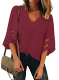 Utyful Women's Summer Casual V Neck Mesh Panel 3/4 Bell Sleeve Solid Loose Blouse Top