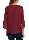Utyful Women's Summer Casual V Neck Mesh Panel 3/4 Bell Sleeve Solid Loose Blouse Top