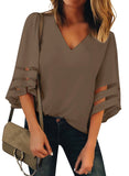 Utyful Women's Summer Casual V Neck Mesh Panel 3/4 Bell Sleeve Solid Loose Blouse Top