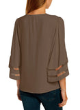 Utyful Women's Summer Casual V Neck Mesh Panel 3/4 Bell Sleeve Solid Loose Blouse Top