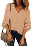 Utyful Women's Summer Casual V Neck Mesh Panel 3/4 Bell Sleeve Solid Loose Blouse Top