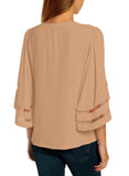 Utyful Women's Summer Casual V Neck Mesh Panel 3/4 Bell Sleeve Solid Loose Blouse Top