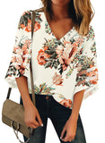 Utyful Women's Summer Casual V Neck Mesh Panel 3/4 Bell Sleeve Solid Loose Blouse Top