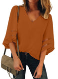 Utyful Women's Summer Casual V Neck Mesh Panel 3/4 Bell Sleeve Solid Loose Blouse Top