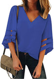 Utyful Women's Summer Casual V Neck Mesh Panel 3/4 Bell Sleeve Solid Loose Blouse Top