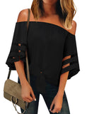 Utyful Women's Casual Off Shoulder Mesh Panel 3/4 Bell Sleeve Front Knot Loose Blouse Top