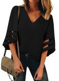 Utyful Women's Summer Casual V Neck Mesh Panel 3/4 Bell Sleeve Solid Loose Blouse Top