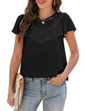 Utyful Women's Lace Ruffle Trim Summer Tops Short Sleeve Round Neck Floral Blouse