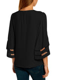 Utyful Women's Summer Casual V Neck Mesh Panel 3/4 Bell Sleeve Solid Loose Blouse Top