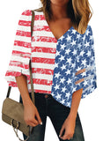 Utyful Women's Summer Casual V Neck Mesh Panel 3/4 Bell Sleeve Solid Loose Blouse Top