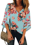 Utyful Women's Summer Casual V Neck Mesh Panel 3/4 Bell Sleeve Solid Loose Blouse Top