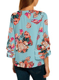 Utyful Women's Summer Casual V Neck Mesh Panel 3/4 Bell Sleeve Solid Loose Blouse Top