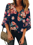 Utyful Women's Summer Casual V Neck Mesh Panel 3/4 Bell Sleeve Solid Loose Blouse Top