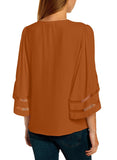 Utyful Women's Summer Casual V Neck Mesh Panel 3/4 Bell Sleeve Solid Loose Blouse Top
