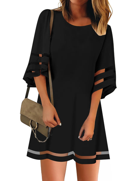 Utyful Women's Casual Crewneck Mesh Panel 3/4 Bell Sleeve Dress Loose Tunic Dress