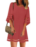 Utyful Women's Casual Crewneck Mesh Panel 3/4 Bell Sleeve Dress Loose Tunic Dress