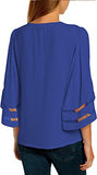 Utyful Women's Summer Casual V Neck Mesh Panel 3/4 Bell Sleeve Solid Loose Blouse Top