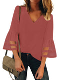 Utyful Women's Summer Casual V Neck Tiered Mesh 3/4 Bell Sleeve Loose Blouse Top