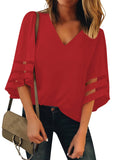 Utyful Women's Summer Casual V Neck Mesh Panel 3/4 Bell Sleeve Solid Loose Blouse Top