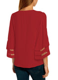 Utyful Women's Summer Casual V Neck Mesh Panel 3/4 Bell Sleeve Solid Loose Blouse Top