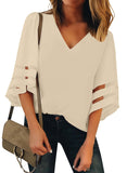 Utyful Women's Summer Casual V Neck Mesh Panel 3/4 Bell Sleeve Solid Loose Blouse Top