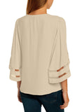 Utyful Women's Summer Casual V Neck Mesh Panel 3/4 Bell Sleeve Solid Loose Blouse Top