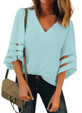 Utyful Women's Summer Casual V Neck Mesh Panel 3/4 Bell Sleeve Solid Loose Blouse Top