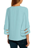 Utyful Women's Summer Casual V Neck Mesh Panel 3/4 Bell Sleeve Solid Loose Blouse Top