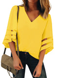 Utyful Women's Summer Casual V Neck Mesh Panel 3/4 Bell Sleeve Solid Loose Blouse Top