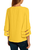 Utyful Women's Summer Casual V Neck Mesh Panel 3/4 Bell Sleeve Solid Loose Blouse Top