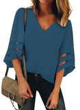 Utyful Women's Summer Casual V Neck Mesh Panel 3/4 Bell Sleeve Solid Loose Blouse Top