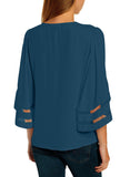 Utyful Women's Summer Casual V Neck Mesh Panel 3/4 Bell Sleeve Solid Loose Blouse Top