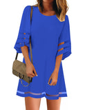 Utyful Women's Casual Crewneck Mesh Panel 3/4 Bell Sleeve Dress Loose Tunic Dress