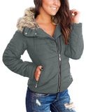 Utyful Women Long Sleeve Lightweight Faux Fur Lapel Zip Jacket Quilted Outerwear Parka Coat