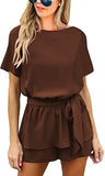 Utyful Women's Summer Casual V Neck 3/4 Bell Sleeve Belted Chiffon One Piece Romper Shorts