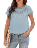Utyful Women's Lace Ruffle Trim Summer Tops Short Sleeve Round Neck Floral Blouse