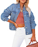 Utyful Oversized Jean Jacket for Women Distressed Stretch Denim Trucker Jackets Drop Shoulder Back Elastic Band